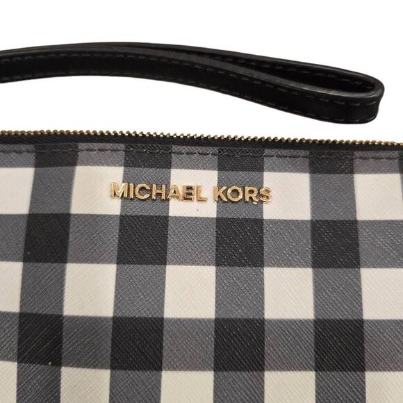 Michael Kors Wristlet Bag Women's Large Black White Gingham Designer‎ Zip Pouch - Picture 3 of 9